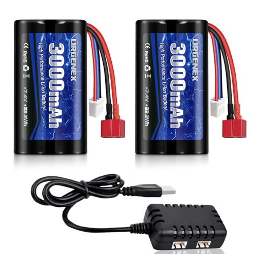 URGENEX Li-ion Battery 7.4V 3000mAh High Capacity with Dean-Style T Plug 2S Rechargeable RC Battery...