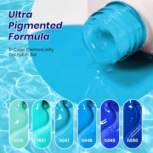 Image of Beetles Blue Gel Nail Polish Set - Ocean Veil 6 Colors Jelly Gel Nail Polish Kit Green Sheer Translucent Effect Soak Off UV Nail Art DIY at Home Gift for Women