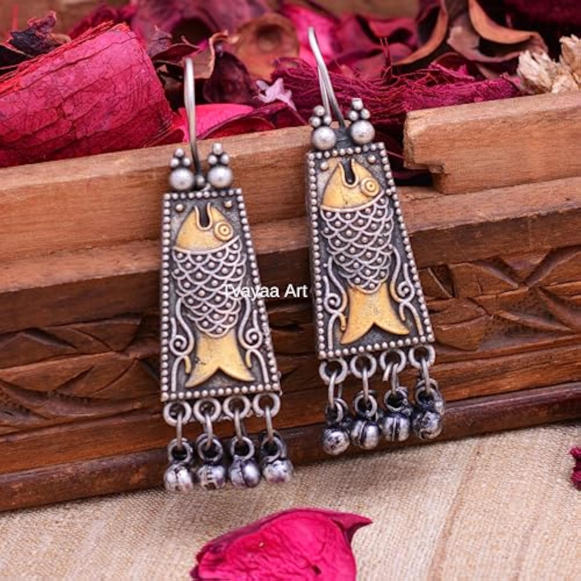Silver Oxidised Fish Design Hook Earrings for Women
