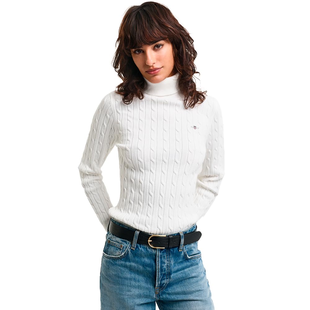 GANT Women's Stretch Cotton Cable Turtleneck Pullover, Eggshell, M