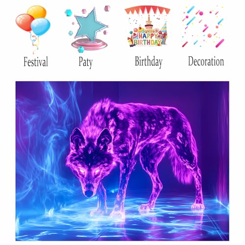 Image of Nuxovilar Neon Wolf UV Reactive Tapestry, 78.74 inchx59.05 inch Polyester | Wolf decor, neon art, blacklight tapestry, animal backdrop for bedroom, dorm, game room (Neon wolf print)