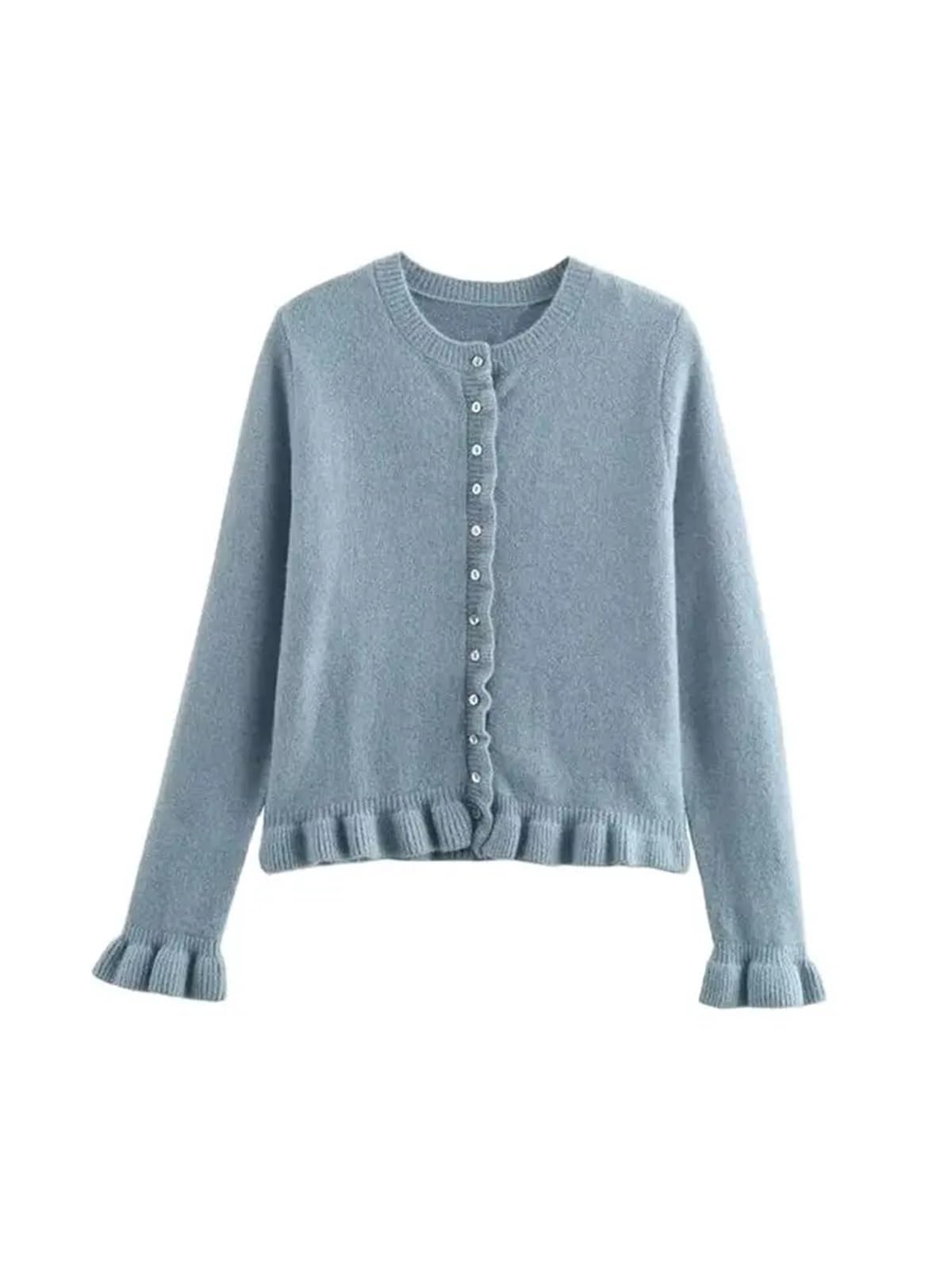 Cárdigan para Mujer Cárdigan de Punto con Volantes for Mujer, suéter Elegante Cuello Redondo, Manga Larga y Botones Delanteros, Prenda Exterior