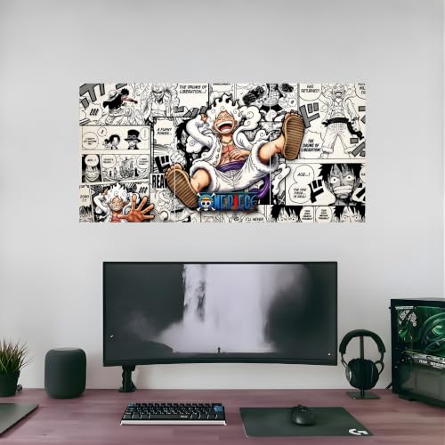 Image of Aniculture One Piece Luffy Gear 5 Split Poster Set of 3, A4 Size Each - Panoramic Anime Wall Art Collage - 300 GSM Ultra HD Print Quality - Self-Adhesive Sun God Nika & Joyboy Panels - 24x12 Inch Large Room Decor