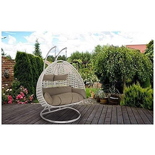 Image of OMANSH Double Seater Swing Chair with Stand & Cushion & Hook Outdoor || Indoor || Balcony || Garden || Living Room (White-Brown)