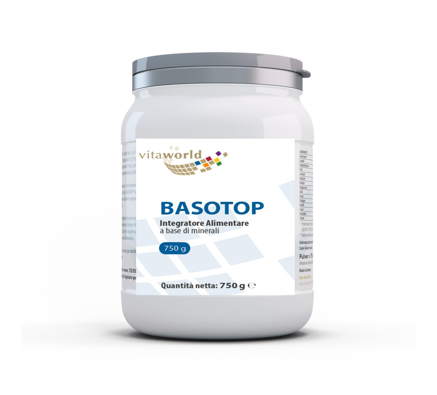 Pack di 3 Vita World Basotop Alcalinizzante Minerale in Polvere 3 x 750g vegano, alcio, potassio, magnesio, zinco, ferro, manganese, rame, selenio, molibdeno, cromo, Made in Germany