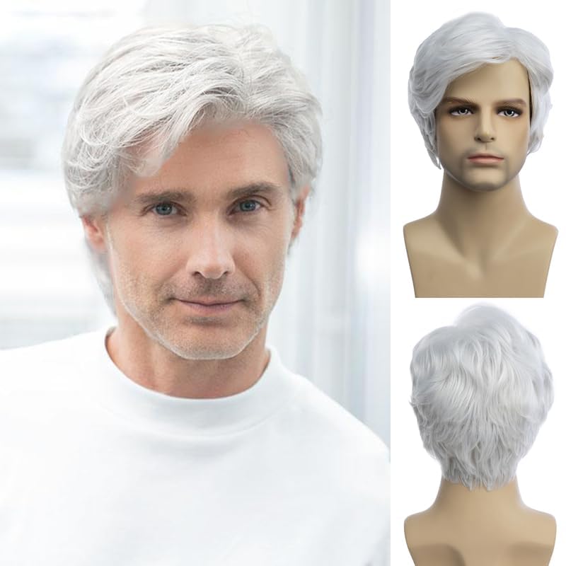 Perruque synthétique haute résistance thermique à effet naturel cheveux courts blancs