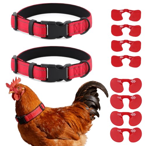 2-Pack Chicken Anti-Crowing Collars + 8 Pecking Prevention Glasses - Adjustable Breathable Buckle Reduces Crow Volume Stops Pecking & Aggression Ideal for Backyard/Community Coops