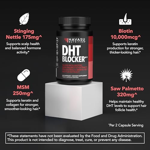 Image of DHT Blocker for Men with Biotin 10000mcg Per Serving, Saw Palmetto Extract & MSM - Supports Normal Healthy Hair Growth - With Pea Extract & Stinging Nettle - Vegan, Non-GMO, Gluten Free - 30 Servings
