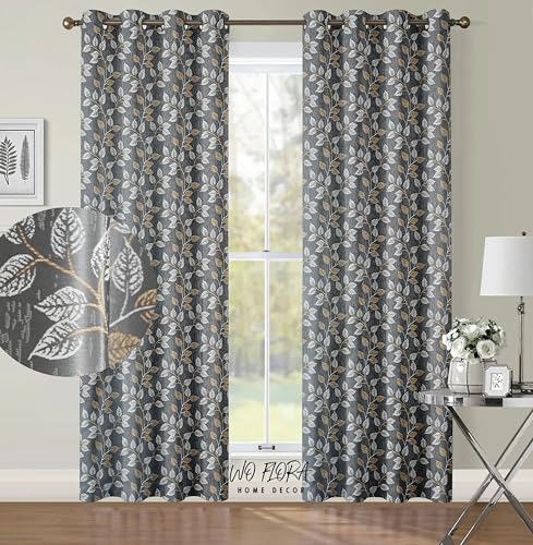 Image of Leaves Curtain Panel for Long Door 9 ft Set of 2 Window Curtains for Living Room | Premium Floral Curtain Panel | Grey Color Curtain 9 feet