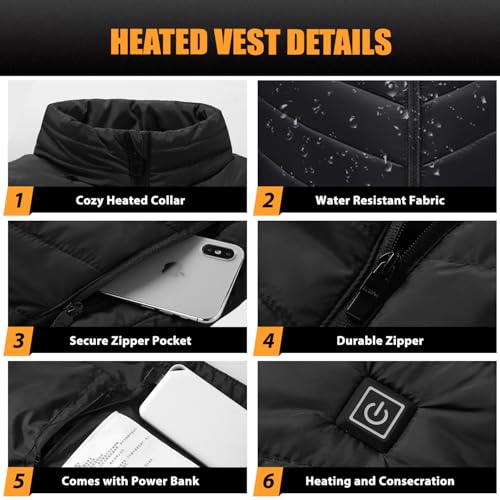 Tiazhan Beheizbare Weste, mit Powerbank, Leichte und Wiederaufladbare Heizjacke, Intelligente Heizjacke, Beheizbare Weste Herren, für Männer und Frauen, M