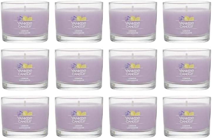 Yankee Candle Signature Votive Mini Candle Jar, Lemon Lavender Scent, Natural Soy Wax Blend Candle with Natural Fiber Wick, 1.3 OZ Glass Jar (Pack of 12)