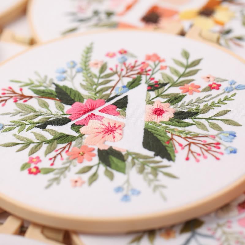 Image of artcici Embroidery Kits Plant Flower Leaf English Letter Patterns for Beginners Adults, Full Range Embroidery Starter Kits Cross Stitch Needlework Supplies (Letter A)