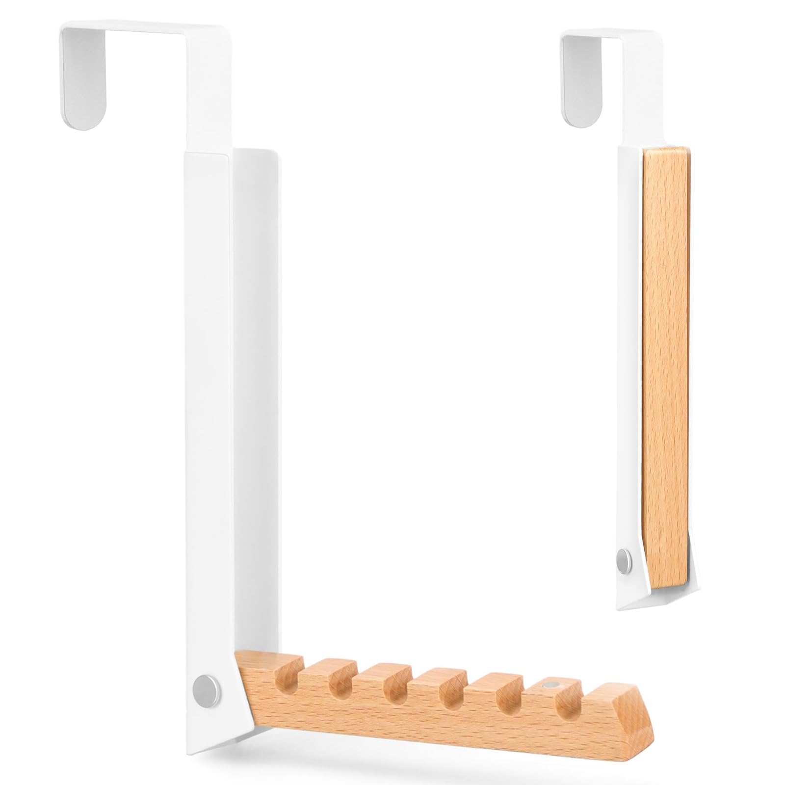 Mxghir White Over Door Hanger, Foldable Over Door Hook With 6 Grooves, Metal & Wood Overdoor Coat Hanger Hooks For Bedroom, Clothes, Towel, Hats, Bags (White)