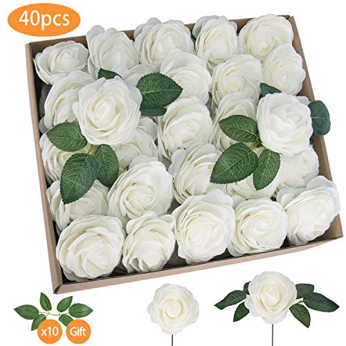 TOPHOUSE 40pcs Artificial Flowers Roses Real Touch Fake Roses for DIY Wedding Bouquets
