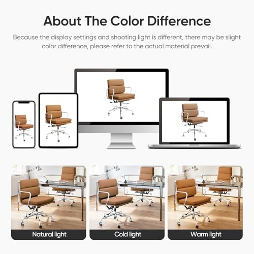 Image of Genuine Leather Office Chair, Padded Mid Back Ergonomic Executive Desk Chair with Aluminum Arm Rest and Base, Swivel Wheels with Lumbar Support & Tilting Function, Hight Adjustable Light Brown