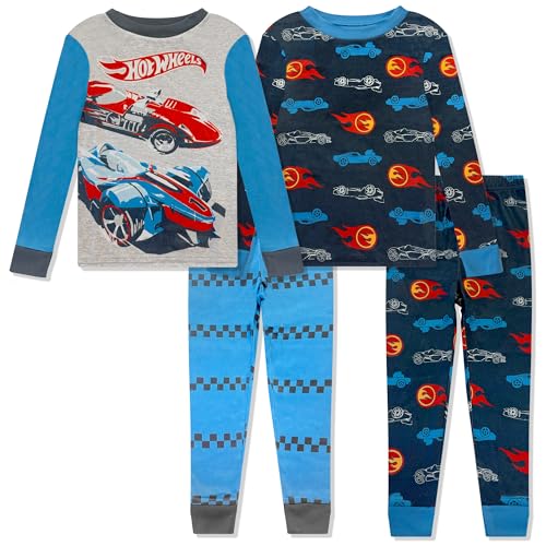 Hot Wheels 4 Piece Boys Pajama Set - Long Sleeve Shirt & Pants Soft Tight Fit PJs Kids Toddler Sleepwear - Official License Blue