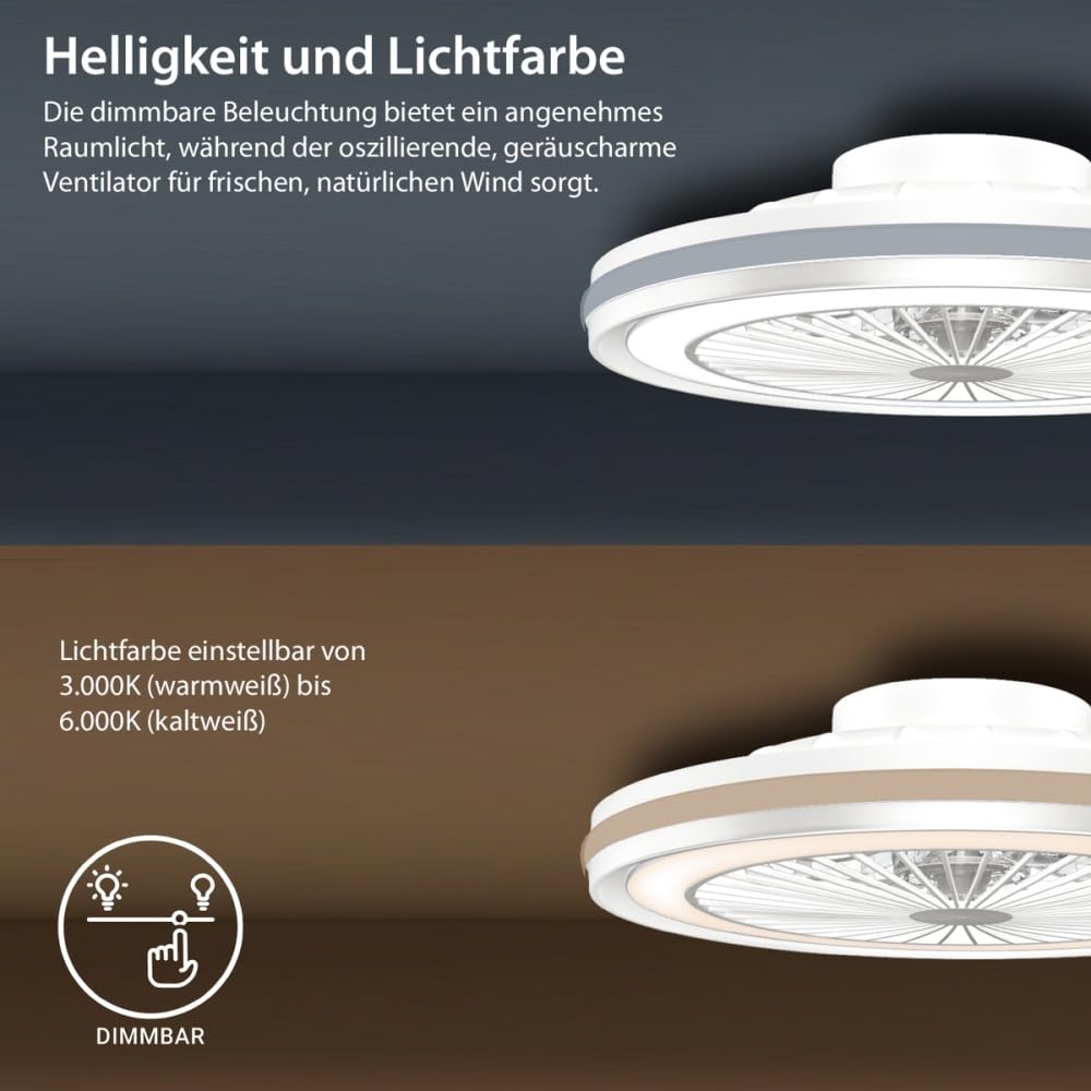 MeLiTec Deckenleuchte mit Ventilator DV06-1, Deckenlampe mit Ventilator, dimmbar, RGB-Lauflicht, natürlicher Wind, Timer und Nachtlicht, Fernbedienung, weiß
