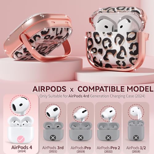 Image of Inesore for AirPods 4 Case Cover 2024 with Lock-Black+Brown Leopard | Two-Piece Design,with Gold Keychain & Cleaning Pen,Support Wireless Charging,Cute Luxury Case for Women Girly