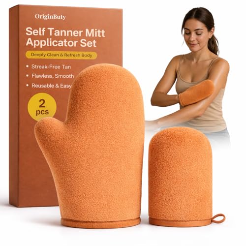 Image of Self Tanner Mitt, Self Tanning Mitt Applicator, Sunning Tanning Gloves for Self Tan Lotion, Tan Applicator Set, Streak-Free Smooth Even Finish, Self Tanner Mitt for Mousse Spray, 2 Pack
