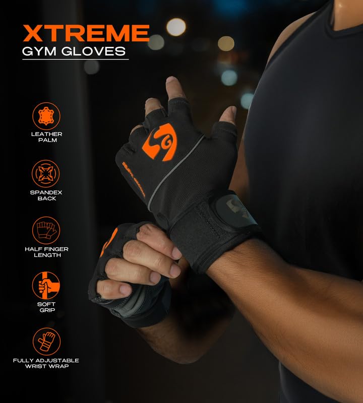 Image of SG Xtreme Gym Gloves for Men & Women | Premium Leather Palm, Half Finger Workout Gloves, Wrist Wrap, Soft Grip, Breathable & Durable | Weightlifting, Bodybuilding & Fitness
