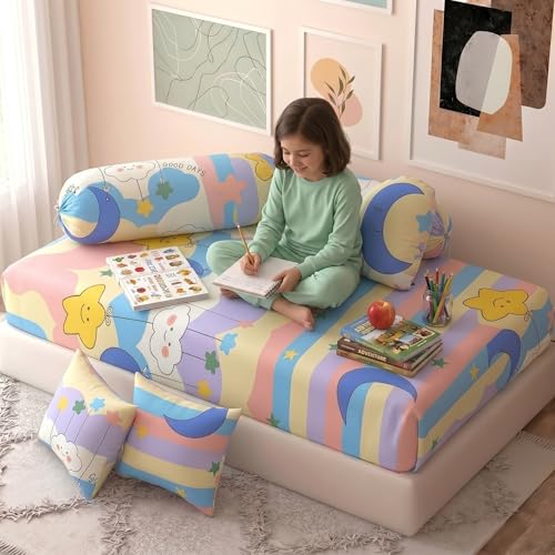 Image of Filymore Good Night 8 Pieces Diwan Set for Kids Room Made with Pure Microfiber Package Contains 1 Single Bedsheet, 5 Cushions Covers and 2 Bolster Covers (Size- 90X60 inches)(Colour -Multi)