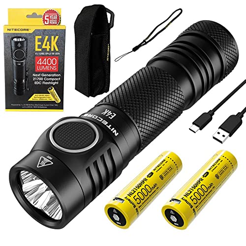 NITECORE E4K Next generat Compact EDC Flashlight - 4x C-ree XP-L2 V6-4400 Lumens w/2x NITECORE NL2150HPR Rechargeable Li- Batteries