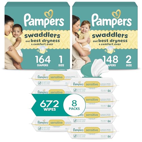 Image of Pampers Baby Diapers and Wipes Starter Kit, Swaddlers Disposable Baby Diapers Sizes 1 (164 Count) & 2 (148 Count) with Sensitive Water Based Baby Wipes 8X Pack Pop-Top (672 Count)
