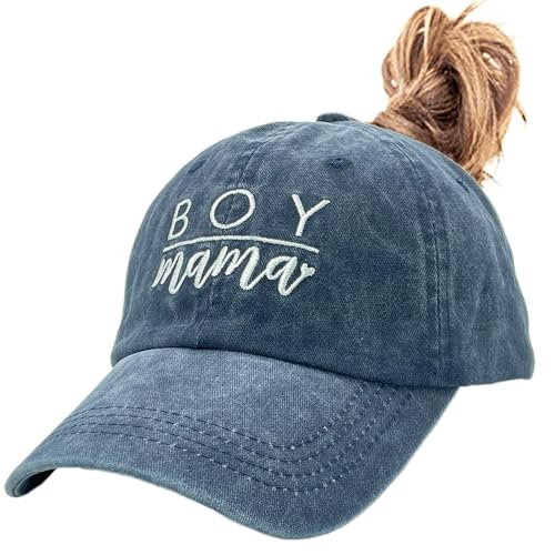 Hatwell Boy Mama hat for Mother's Birthday Gift with Ponytail, Adjustable Embroidery Cotton Baseball Cap for Women Mom Grandma Blue