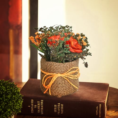 Image of Cortina Cylindrical Tea Red Rose Planter for Home Decor & Dining Table - Nordic Modern Boho Style Plastic Pot with Cloth Cover, Aesthetic Office Decor, 12 x 8 cm, Brown, 1 Pc
