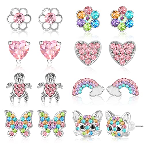 Cute Earrings For Teen Girls Women, Funtopia 8 Pairs Shiny Stud Earrings, Colorful Flower Cat Rainbow Butterfly Earring Jewelry Gifts For Birthday Party Chirstmas #TOP20