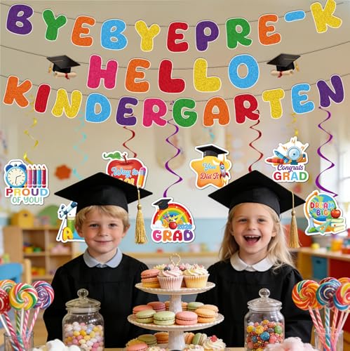 Image of Preschool Graduation Decorations, 11PCS Bye Bye Pre-K Graduation Banners Hanging Swirls Party Decor, Colorful Next Stop Kindergarten Congrats Grad Party Supplies