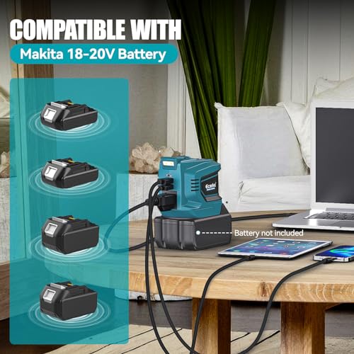 Image of Ecarke 200W Portable Power Inverter Compatible with Makita 18V Battery, DC 18V to AC 110V Power Station with 1 AC Outlet, 2 USB, 1 Type-C & LED Light, for Outdoor Emergency Use (No Battery)