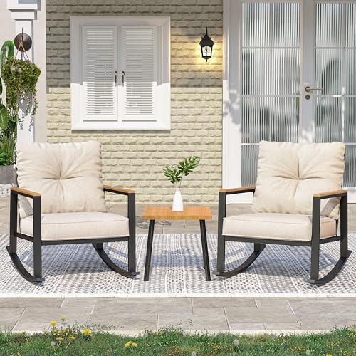 3 Pieces Rocking Bistro Set, Outdoor Patio Furniture Set with Thick Cushions and Coffee Table, Patio Conversation Sets for Garden, Balcony, Backyard, Beige