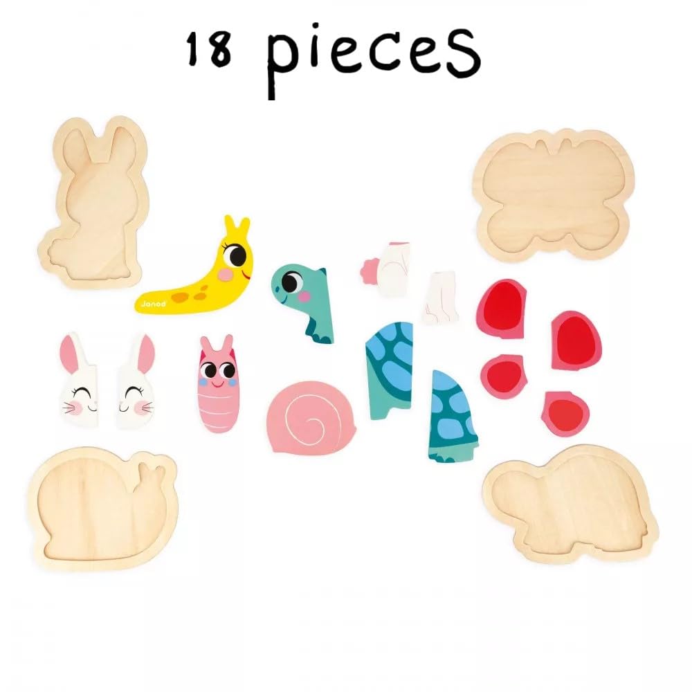 Janod - 4 Puzzle in Legno da 2 a 5 Pezzi - Puzzle Animali del Giardino - Giocattoli per Bambini - Giochi Educativi - Prima Infanzia - Dai 18 Mesi, J07116