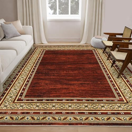 GlowSol Washable Rug 8x10 Living Room Rugs Modern Bordered Rugs Large Rugs for Living Room Stain Resistant Carpet Christmas Red Rugs for Bedroom with Non Slip Backing Home Decor Floor Decoration Rug