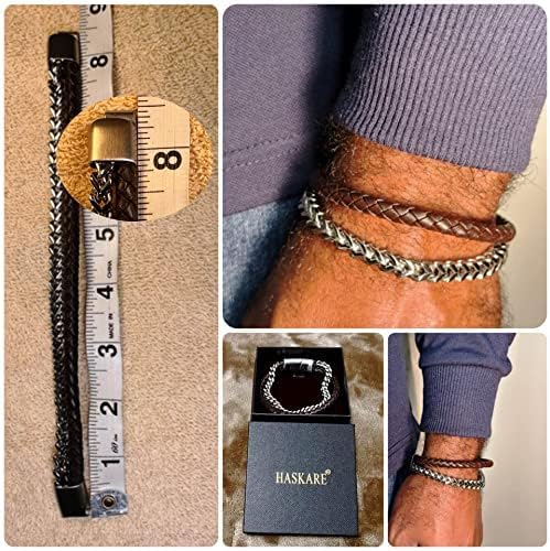 HASKARE Mens Real Leather Chain Bracelet - Brown Braided Leather Bracelet with Classic Chain Solid Cuban Link Chain Leather Bracelets, Trendy Jewelry Gift for Men Father (8, Brown) - Image 6