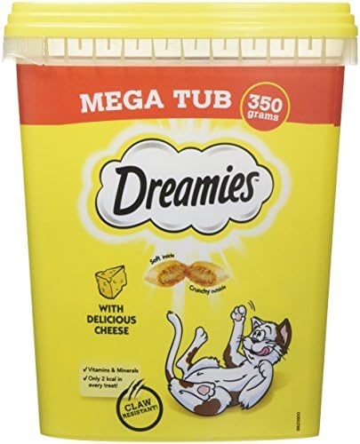 Dreamies Cat Treats, Tasty Snacks with Delicious Salmon, 2 Tubs of 350 g & Cat Treats, Tasty Snacks with Delicious Cheese, 2 Tubs of 350 g