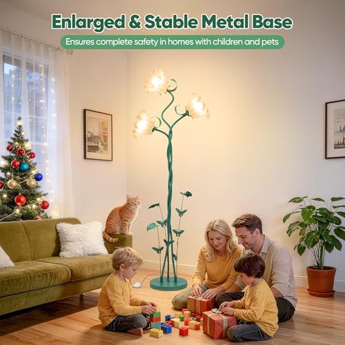Image of TOBUSA Flower Floor Lamp for Living Room Bedroom, 3-Light Cute Vintage Standing Lamp with Flexible Gooseneck, 67'' Tall Green Floral Stand Up Lamp, Modern Unique Flower Corner Lamp for Reading Nursery