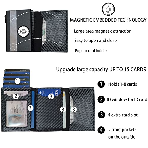AirTag Wallet Smart Pop Up Wallet with Front Pocket RFID Blocking Credit Card Holder with Money Clip Slim Minimalist Wallet for Men Up to 15 Cards(Carbon Fiber Leather)2