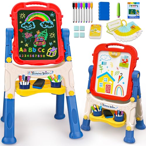 Basytodio XF909 Kids Easel For Toddlers Age 2-4 Art Magnetic White Board & Chalkboard Double Side Adjustable Stand Drawing Writing cover
