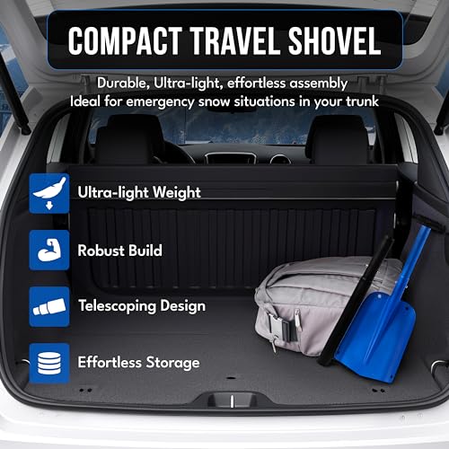 Image of EcoNour 32 inch Multipurpose Snow Shovel for Car Driveway Lightweight Aluminum | Shovel for Snow, Sand, and Garden Use | Heavy-Duty, Foldable 3-Piece Shovel for Car, Home, and Outdoors (Blue)