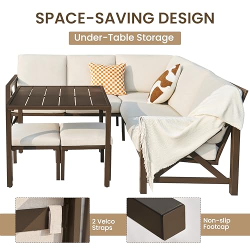 Image of NATURAL EXPRESSIONS 8 Pieces Patio Furniture Sets,Metal Outdoor Sectional Furniture L Shape Conversation Sets with Dining Table,2 Ottomans,Highback Frame,Large Waterproof Cover, 6.5 inch Cushions for Yard