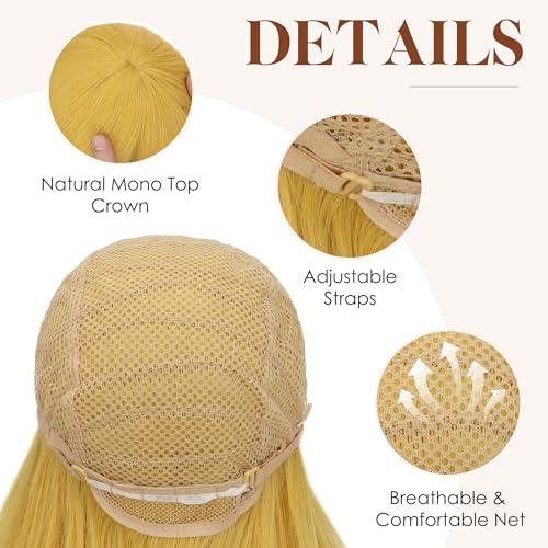 Image of S-noilite Yellow Wig with Bangs for Women 26 inch Long Wavy Cosplay Wig Heat Resistant Synthetic Hair Colorful Anime Costume Wig for Halloween Party