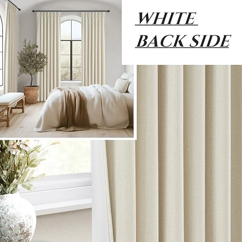 Image of Extra Long Pleated Black Out Curtains 108 Inches Long for Living Room, Boho Cream Natural Linen Blend Patio Door Curtain with Track Back Tab 2 Panels Set Insulated Privacy Window Drapes 9 FT Length