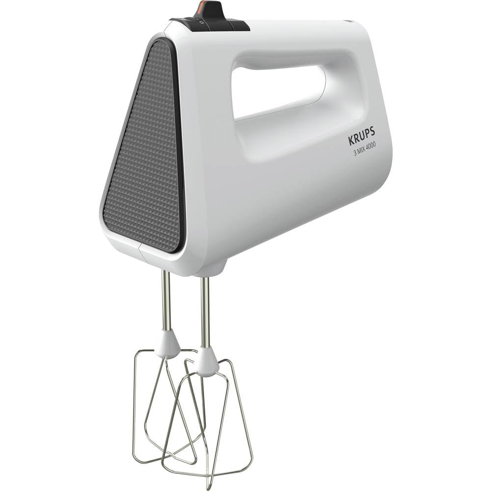 Krups 3 Mix 4000 Handmixer, 450 Watt, robustes Design, variabler Geschwindigkeitsregler, Turbo- und Auswurf-Funktion, inkl. 2 Rührbesen und 2 Knethaken, weiß/grau, GN4001