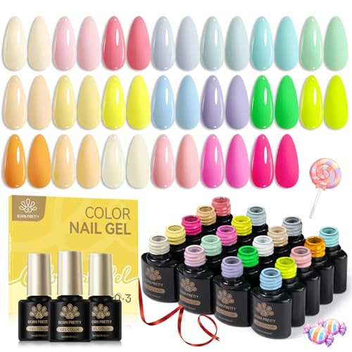 Born Pretty Neon Gel Nail Polish 23Pcs Spring Summer Hot Pink Fluorescent Green Yellow Pastel Macaron Candy Sweet Colors Gel Polish Kit with Base&Glossy Matte Top Coat