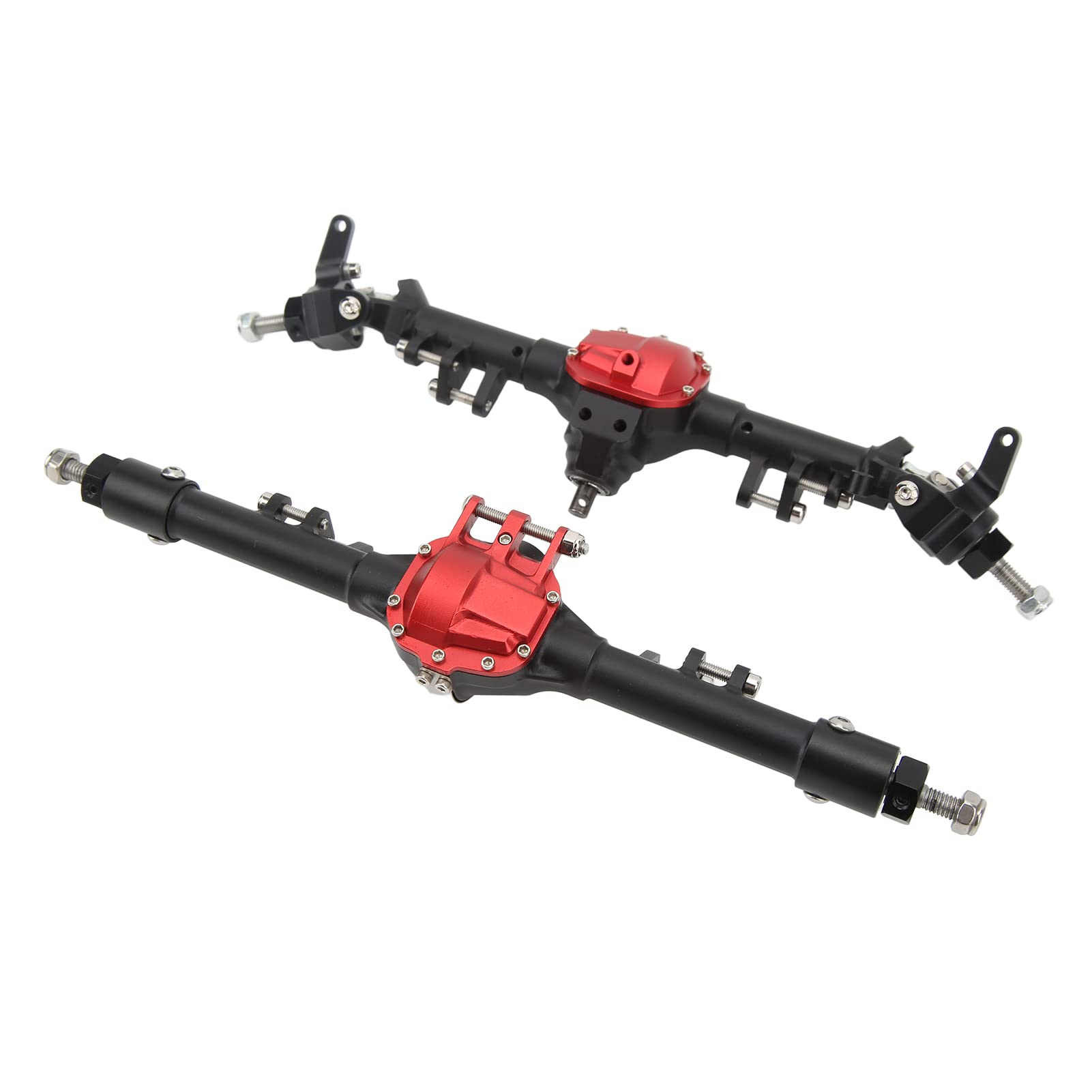 Metalowy zestaw osi przedniej i tylnej RC duży zintegrowany układ kierowniczy oś samochodu RC dla Axial SCX10 II 90046 90047 D90 D1101/10 zdalnie sterowany samochód gąsienicowy (Czarny Czerwony)