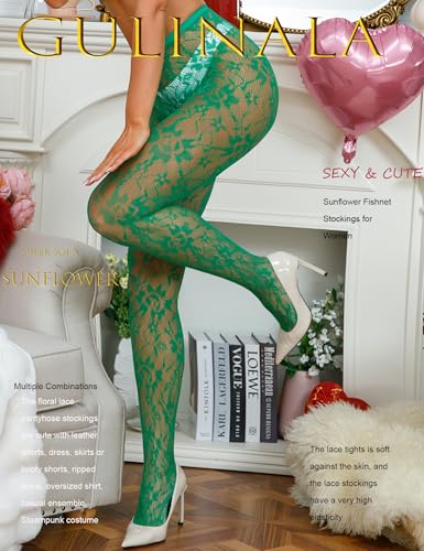 Image of Lace Tights Lace Stockings Sunflower Fishnet Stockings for Women Leggings Floral Pantyhose