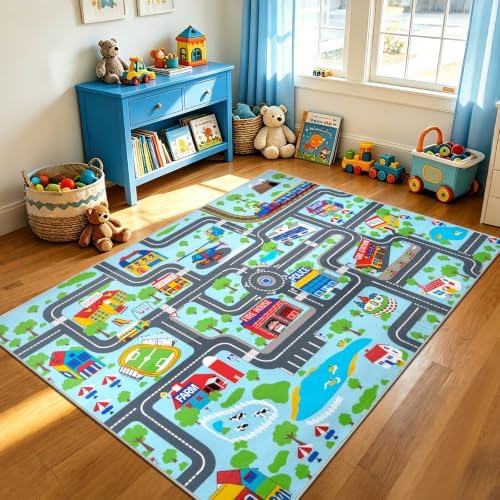 Capslpad Kinder Teppiche Spielteppich für Kinder Stadt 150x200cm rutschfest Kinderteppich Spielmatte Maschinenwaschbar Kurzflor Pädagogischer Spielteppich für Kinderzimmer Spielzim