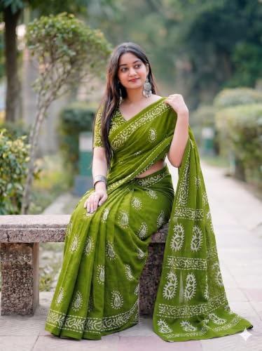 Image of Women's Pure Cotton Printed Saree with Traditional Batik Inspired Border Design, Soft Lightweight Daily Wear Saree with Unstitched Blouse Piece for Festive, Casual and Office Wear